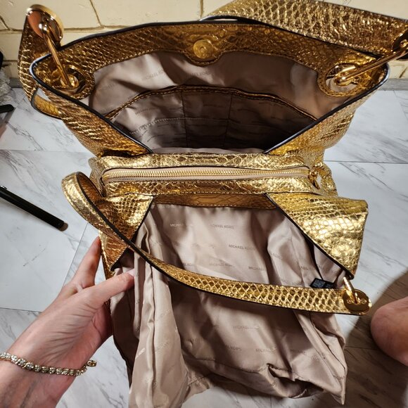 Michael Kors Raven Snakeskin Gold Leather Tote Bag Purse - Picture 13 of 14